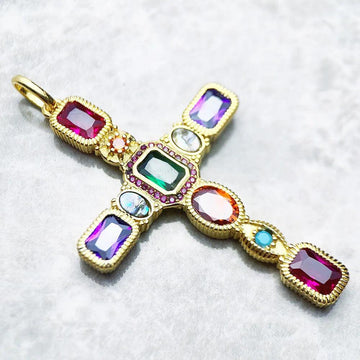 Brand New 925 Sterling Silver Vintage Fashion Golden Colourful Cross Pendant - Christian Jewellery Gift - The Jewellery Supermarket